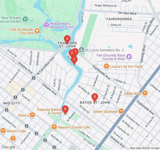 Route map for Bayou St. John: Waterside History and Romance