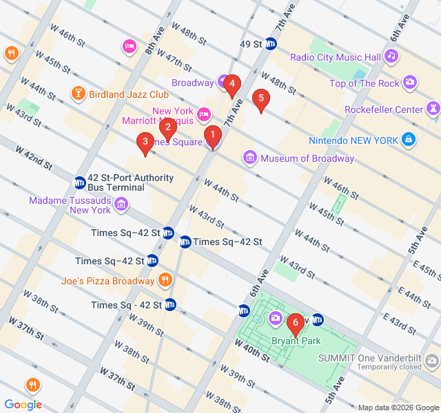 Route map for Times Square: Neon Lights and Broadway Nights