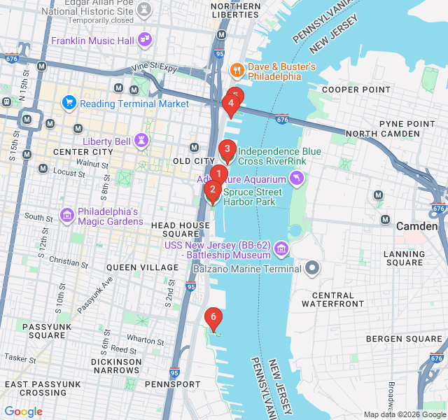 Route map for Delaware River Waterfront: Piers and Parks