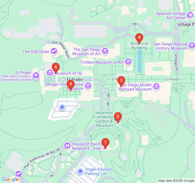 Route map for Balboa Park's Spanish Revival Splendor