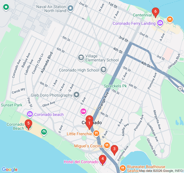 Route map for Coronado: The Crown City Architecture Walk