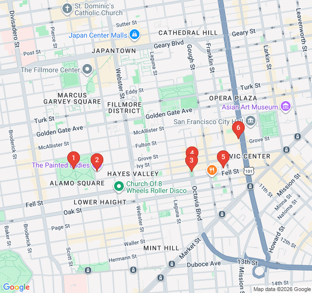 Route map for Chic Boutiques and Painted Ladies: Hayes Valley Stroll